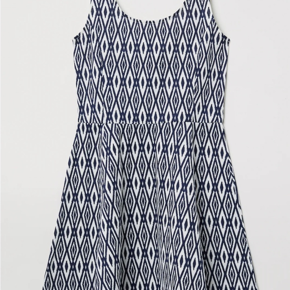 H and M, H&M|SLEEVELESS JERSEY DRESS| White/Blue patterned